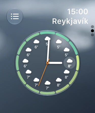 Gluggaveður á Apple Watch: hiti og veður næstu tólf klukkustunda í kringum klukkuskífu.